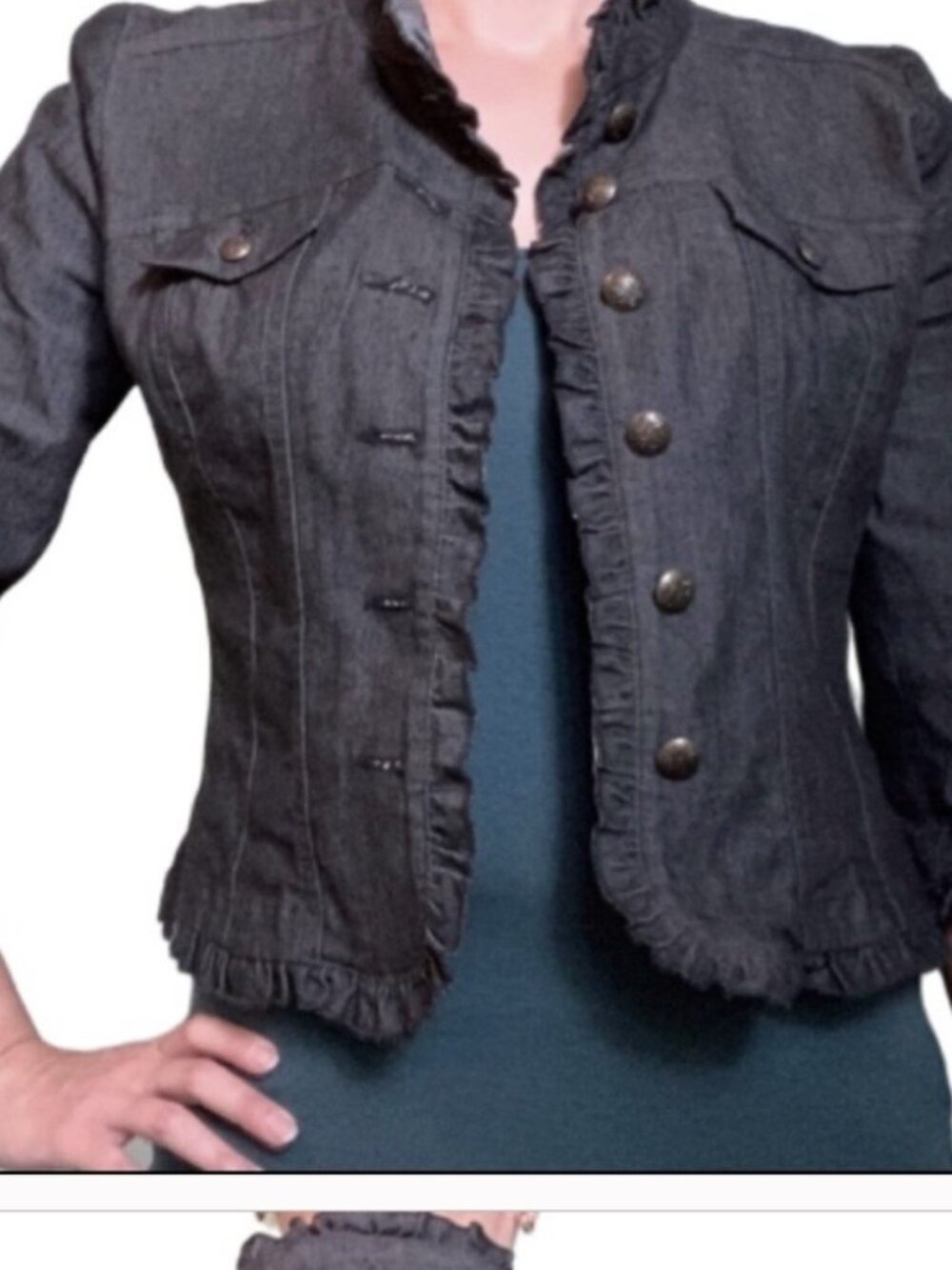 Sandro Ruffled-Trim Denim Jacket in Heather Charcoal